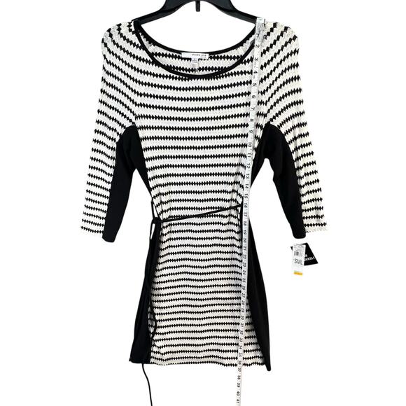 Studio One Knit Dress S Black White Diamond Striped Belted Stretch Work Career - Picture 8 of 14